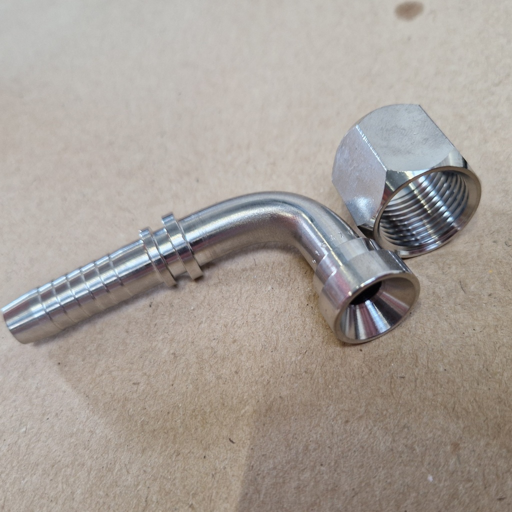 RVS Perskoppeling - 90 gr - Losse moer (JIC 1/2" - Slang 3/8")
