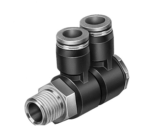 Haakse verloopkoppeling 1/2" buiten x 2- voudige 12 mm push-in