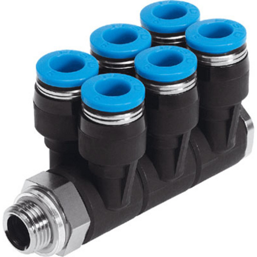 [Ace10653] Haakse verloopkoppeling 1/4" buiten x 6 voudige 6 mm push-in